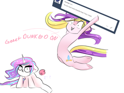 Size: 1280x960 | Tagged: safe, artist:sugarberry, character:princess flurry heart, character:princess skyla, ask, dialogue, exclamation point, floating wings, floppy ears, get dunked on, grumpy, question mark, simple background, skyla-diaries, smiling, tumblr, underhoof, white background