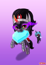 Size: 1400x1980 | Tagged: safe, artist:wwredgrave, character:king sombra, character:queen chrysalis, species:changeling, angry, chase, chibi, crystal, crystal heart, cute, gradient background, heart, mouth hold, running, sombra eyes, sombradorable, thief