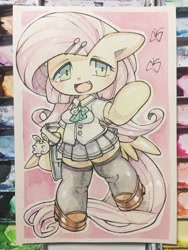 Size: 960x1280 | Tagged: safe, artist:mosamosa_n, character:fluttershy, species:rabbit, arm hooves, butt wings, clothing, cute, female, pleated skirt, school uniform, schoolgirl, semi-anthro, shoes, shyabetes, simple background, skirt, socks, solo, thigh highs, traditional art, watercolor painting, zettai ryouiki