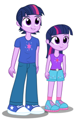 Size: 1684x2701 | Tagged: dead source, safe, artist:drewmwhit, artist:trotsworth, character:twilight sparkle, oc:dusk shine, my little pony:equestria girls, alternate universe, clothing, cute, duskabetes, pants, prince dusk, rule 63, rule63betes, self paradox, shoes, shorts, simple background, sneakers, tank top, transparent background, vector, younger