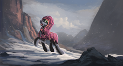 Size: 1600x865 | Tagged: dead source, safe, artist:shamanguli, oc, oc only, species:pony, clothing, hoodie, looking back, male, mountain, mountain range, open mouth, raised hoof, scenery, snow, snowfall, solo, stallion, travelling