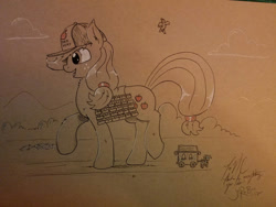 Size: 1280x960 | Tagged: safe, artist:jorobro, character:applejack, character:trixie, species:pony, species:unicorn, baseball cap, big-apple-pony, cap, cart, cider, clothing, female, giant pony, hat, macro, mare, open mouth, partial color, saddle bag, traditional art, walking