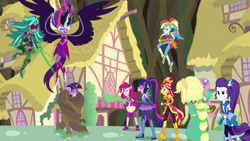 Size: 3840x2160 | Tagged: safe, artist:namygaga, character:applejack, character:fluttershy, character:gloriosa daisy, character:midnight sparkle, character:pinkie pie, character:rainbow dash, character:rarity, character:sunset shimmer, character:twilight sparkle, character:twilight sparkle (scitwi), species:eqg human, equestria girls:legend of everfree, g4, my little pony: equestria girls, my little pony:equestria girls, bondage, boots, clothing, coils, crystal wings, dress, eyes closed, floating, gaea everfree, glasses, high heel boots, humane five, humane seven, humane six, magical geodes, midnight sparkle, multeity, pants, ponied up, ponytail, ponyville, self paradox, shoes, super ponied up, trilight, vine, visor, wings