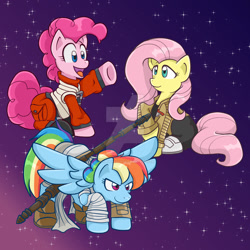 Size: 1024x1024 | Tagged: safe, artist:yoshimarsart, character:fluttershy, character:pinkie pie, character:rainbow dash, clothing, cosplay, costume, crossover, finn (star wars), poe dameron, rey, star wars, star wars: the force awakens, watermark