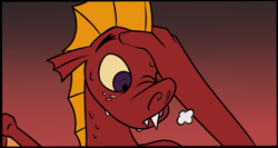 Size: 785x418 | Tagged: safe, artist:dmann892, edit, character:garble, species:dragon, comic:treasure hunting, comic, cropcon, cropped, explicit series, explicit source, saddle up 2: creature comforts, sweat