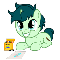 Size: 6667x6667 | Tagged: safe, artist:besttubahorse, oc, oc only, oc:spectral song, species:pony, species:unicorn, absurd resolution, crayons, cute, drawing, green eyes, male, ocbetes, simple background, smiling, solo, transparent background, vector