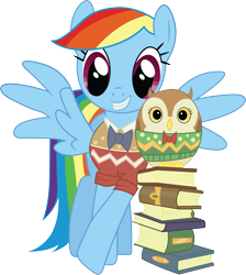 Size: 6236x6951 | Tagged: safe, artist:quanno3, character:rainbow dash, species:owl, species:pegasus, species:pony, episode:may the best pet win, g4, my little pony: friendship is magic, absurd resolution, alternate hairstyle, book, bookworm, bow tie, clothing, egghead, nerd, pose, rainbow dork, simple background, smiling, sweater, transparent background