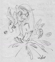 Size: 1200x1351 | Tagged: safe, artist:wingbeatpony, character:rainbow dash, species:pegasus, species:pony, female, flying, food, gallagher, goggles, hammer, horsedrawncarnage, mare, open mouth, signature, sketch, smashing, smiling, solo, spread wings, traditional art, watermelon, wings