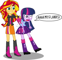 Size: 696x677 | Tagged: safe, artist:toonalexsora007, character:sunset shimmer, character:twilight sparkle, my little pony:equestria girls, boots, clothing, dialogue, female, grin, jacket, literal butthurt, out of character, pain, panties, panty pull, pink underwear, pleated skirt, shirt, simple background, skirt, smiling, transparent background, underwear, wedgie