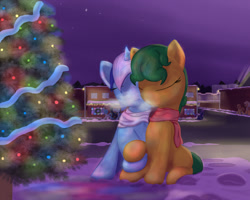 Size: 1025x819 | Tagged: safe, artist:stillwaterspony, character:minuette, oc, oc:five stars, breath, canon x oc, christmas tree, clothing, cuddling, eyes closed, female, hearth's warming, holding hooves, lesbian, night, scarf, shipping, snow, snuggling, tree, winter