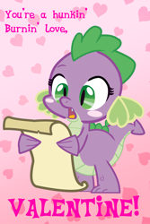 Size: 1654x2480 | Tagged: safe, artist:chiptunebrony, artist:trotsworth, character:barb, character:spike, species:dragon, barbabetes, blushing, cute, elvis presley, heart, hearts and hooves day cards, letter, quote, reference, rule 63, rule63betes, scroll, solo, spikabetes, text, valentine's day, valentine's day card
