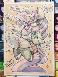 Size: 960x1280 | Tagged: safe, artist:mosamosa_n, character:twilight sparkle, character:twilight sparkle (alicorn), species:alicorn, species:pony, adorkable, butt wings, clothing, cute, dork, eraser, female, glasses, notebook, pencil, school uniform, schoolgirl, semi-anthro, simple background, solo, traditional art