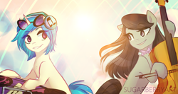 Size: 1600x853 | Tagged: safe, artist:sugarberry, character:dj pon-3, character:octavia melody, character:vinyl scratch, species:earth pony, species:pony, species:unicorn, cello, duo, grin, headphones, looking at each other, making music, musical instrument, smiling, turntable, wallpaper