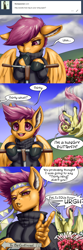 Size: 1000x3000 | Tagged: safe, artist:aphexangel, character:fluttershy, character:scootaloo, species:anthro, species:pegasus, species:pony, 30 speed, ask, ask stalkerloo, clothing, comic, dialogue, ear fluff, floppy ears, flower, flutterhigh, funny background event, high, jojo's bizarre adventure, joseph joestar, parody, scooter, speech bubble, stalkerloo, suddenly hands, to be continued, tumblr, unshorn fetlocks, xanaxshy