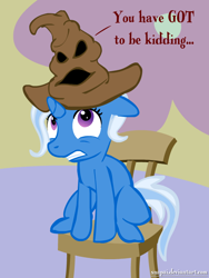 Size: 600x800 | Tagged: safe, artist:snapai, character:trixie, species:pony, species:unicorn, chair, clothing, crossover, female, filly, harry potter, hat, mare, sitting, solo, sorting hat, younger