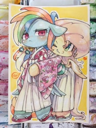 Size: 1536x2048 | Tagged: safe, artist:mosamosa_n, character:fluttershy, character:rainbow dash, species:pony, clothing, hakama, hug, kimono (clothing), sandals, traditional art, watercolor painting, zori