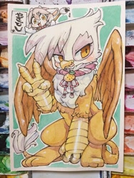 Size: 1536x2048 | Tagged: safe, artist:mosamosa_n, character:gilda, species:griffon, brush, japanese, peace sign, smirk, traditional art, v, watercolor painting