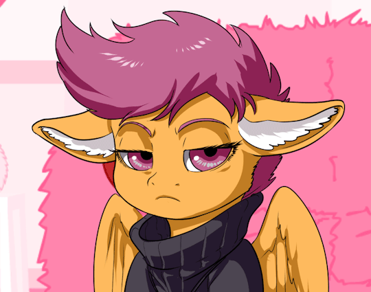 Size: 540x425 | Tagged: safe, artist:aphexangel, character:scootaloo, species:pegasus, species:pony, angry, animated, ask stalkerloo, blinking, clothing, disappointed, disapproval, ear fluff, female, filly, floppy ears, gif, judging you, looking at you, reaction image, solo, stalkerloo, sweater, tumblr, unamused, unimpressed
