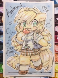 Size: 960x1280 | Tagged: safe, artist:mosamosa_n, character:applejack, species:anthro, apple, arm hooves, blushing, clothing, cowboy hat, cute, female, food, hat, moe, pleated skirt, school uniform, schoolgirl, semi-anthro, shoes, skirt, socks, solo, stetson, traditional art, watercolor painting