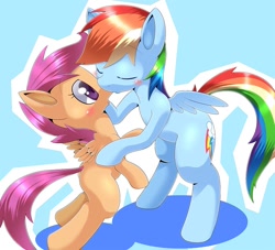 Size: 1000x909 | Tagged: safe, artist:oze, character:rainbow dash, character:scootaloo, species:pegasus, species:pony, bipedal, blushing, duo, duo female, eyes closed, female, filly, kissing, lesbian, mare, scootadash, scootalove, shipping