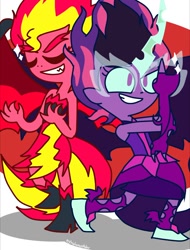 Size: 1000x1313 | Tagged: safe, artist:psychodiamondstar, character:midnight sparkle, character:sunset satan, character:sunset shimmer, character:twilight sparkle, character:twilight sparkle (scitwi), species:eqg human, g4, my little pony:equestria girls, boots, clothing, demon, duo, duo female, evil grin, eyes closed, fangs, female, fingerless gloves, gloves, glowing horn, grin, midnight sparkle, midnightsatan, simple background, smiling, sunset satan, white background