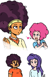 Size: 751x1168 | Tagged: safe, artist:acesrockz, edit, character:coriander cumin, character:pinkie pie, character:rarity, character:saffron masala, episode:spice up your life, g4, my little pony: friendship is magic, my little pony:equestria girls, afro, heart, open mouth, simple background, white background