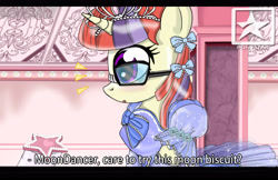 Size: 3500x2262 | Tagged: safe, artist:avchonline, character:lyra heartstrings, character:moondancer, black bars, blushing, bow, canterlot royal ballet academy, caption, clothing, comic, cookie, dress, evening gloves, food, glasses, gloves, hair bow, jewelry, long gloves, stars, tiara