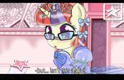 Size: 3500x2262 | Tagged: safe, artist:avchonline, character:lyra heartstrings, character:moondancer, black bars, blushing, bow, canterlot royal ballet academy, caption, clothing, comic, cookie, dress, evening gloves, food, glasses, gloves, hair bow, jewelry, long gloves, stars, tiara