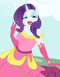 Size: 1645x2133 | Tagged: safe, artist:glacierclear edits, edit, editor:mennydrives, character:rarity, species:anthro, clothing, color edit, colored, dress, female, gala dress, gloves, looking at you, solo