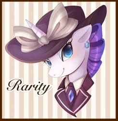 Size: 1351x1378 | Tagged: safe, artist:hosikawa, character:rarity, species:pony, species:unicorn, episode:p.p.o.v. (pony point of view), g4, my little pony: friendship is magic, alternate hairstyle, bow, bust, classy, clothing, ear piercing, earring, female, gem, hat, jewelry, looking at you, necktie, outfit, piercing, portrait, raristocrat, rose dewitt bukater, smiling, smiling at you, solo, suit, titanic