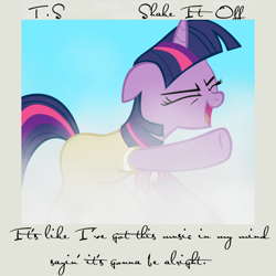 Size: 800x800 | Tagged: safe, artist:penguinsn1fan, artist:unfiltered-n, character:twilight sparkle, album, album cover, birthday dress, cover, do the sparkle, female, parody, shake it off, solo, taylor swift