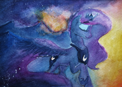 Size: 1400x1000 | Tagged: safe, artist:lollipony, character:princess luna, species:alicorn, species:pony, eyes closed, female, mare, mountain, mountain range, raised hoof, solo, spread wings, stars, traditional art, twilight (astronomy), watercolor painting, wings