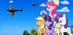 Size: 4600x2200 | Tagged: safe, artist:mrlolcats17, artist:mrscroup, character:applejack, character:fluttershy, character:pinkie pie, character:rainbow dash, character:rarity, character:twilight sparkle, character:twilight sparkle (alicorn), species:alicorn, species:earth pony, species:pegasus, species:pony, species:unicorn, g4, absurd resolution, collaboration, crying, farewell, female, hoof hold, mane six, mare, pilot dash, plane, profile, supermarine spitfire, waving
