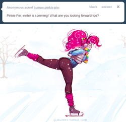 Size: 1000x968 | Tagged: safe, artist:glasmond, character:pinkie pie, active stretch, ask human pinkie pie, humanized, ice, ice skating, skating