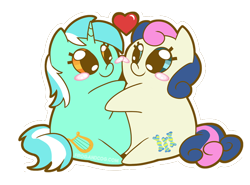 Size: 676x500 | Tagged: safe, artist:coggler, artist:frog&cog, artist:gopherfrog, character:bon bon, character:lyra heartstrings, character:sweetie drops, species:earth pony, species:pony, species:unicorn, chubbie, ship:lyrabon, blush sticker, blushing, cheek squish, female, heart, hug, lesbian, looking at each other, shipping, simple background, smiling, squishy cheeks, transparent background