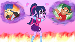 Size: 8140x4595 | Tagged: safe, artist:lifes-remedy, character:flash sentry, character:timber spruce, character:twilight sparkle, character:twilight sparkle (scitwi), species:eqg human, ship:flashlight, ship:timbertwi, equestria girls:legend of everfree, g4, my little pony: equestria girls, my little pony:equestria girls, absurd resolution, bow tie, clothing, female, glasses, hair pulling, heart, indecision, male, shipping, skirt, socks, straight
