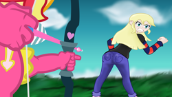 Size: 8140x4595 | Tagged: safe, artist:lifes-remedy, character:sunset shimmer, oc, oc:cassandra, my little pony:equestria girls, absurd resolution, angry, arrow, ass, bow (weapon), bow and arrow, clothing, cupid, equestria girls-ified, pants, this will end in pain, valentine's day, weapon