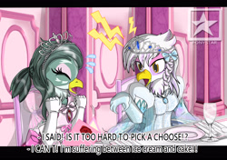 Size: 3700x2600 | Tagged: safe, artist:avchonline, character:gabby, character:gilda, species:griffon, species:pony, alternate hairstyle, bipedal, black bars, bow, canterlot royal ballet academy, clothing, dress, engrish, evening gloves, gloves, hair bow, jewelry, long gloves, makeup, menu, table, tiara