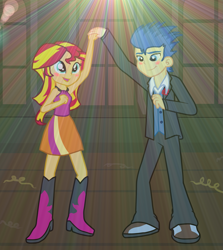 Size: 1245x1394 | Tagged: safe, artist:majkashinoda626, character:flash sentry, character:sunset shimmer, ship:flashimmer, my little pony:equestria girls, antagonist, boots, boutonnière, canterlot high, castle, clothing, confetti, dancing, disco, dress shirt, fall formal outfits, female, flower, formal, formal attire, formal dress, formal wear, gym, gymnasium, halloween, halloween party, high heel boots, holiday, male, nightmare night, pants, shipping, shoes, short dress, skirt, slacks, sleeveless dress, straight, streamers, suit, trousers, tuxedo, vest, waistcoat, window