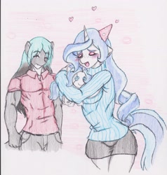 Size: 2550x2673 | Tagged: safe, artist:zoarenso, oc, oc only, oc:bubble lee, oc:mako, species:anthro, species:earth pony, species:pony, species:unicorn, anthro oc, clothing, couple, female, gift art, happy birthday, hat, heart, hug, hybrid, makolee, male, oc x oc, orca pony, original species, party hat, plushie, shipping, simple background, smiling, straight, traditional art