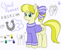 Size: 1100x900 | Tagged: safe, artist:acesrockz, oc, oc only, oc:cloud prancer, species:pegasus, species:pony, blonde hair, bow, clothing, color palette, cutie mark, hair bow, light skin, ponytail, reference sheet, ribbon, simple background, smiling, solo, sweater, white background