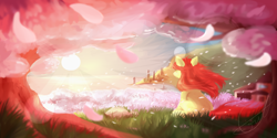 Size: 1024x512 | Tagged: safe, artist:peachmayflower, oc, oc only, species:pony, species:unicorn, cherry blossoms, female, flower, flower blossom, looking away, mare, ocean, petals, scenery, sitting, solo, sunrise, under the tree, water, windswept mane