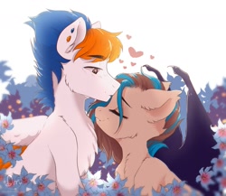 Size: 1637x1422 | Tagged: safe, artist:dagmell, oc, oc only, species:bat pony, species:pegasus, species:pony, bat wings, colt, commission, cute, ear fluff, embarrassed, female, flower, fluffy, fur, heart, kissing, male, mare, mare and stallion, oc x oc, shipping, wings