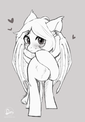 Size: 1196x1711 | Tagged: safe, artist:dagmell, oc, oc only, species:bat pony, species:pony, bat wings, commission, cute, embarrassed, female, heart, mare, monochrome, simple background, sketch, solo