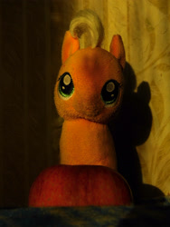 Size: 3456x4608 | Tagged: safe, artist:mfg637, character:applejack, species:earth pony, species:pony, absurd resolution, apple, female, food, irl, light and dark, looking at you, mare, photo, photography, plushie, solo, sun light