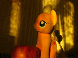 Size: 4608x3456 | Tagged: safe, artist:mfg637, character:applejack, species:earth pony, species:pony, absurd resolution, apple, female, food, irl, light and dark, mare, photo, photography, plushie, solo, sun light