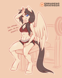 Size: 960x1200 | Tagged: safe, artist:onnanoko, oc, oc only, oc:steelshine, species:anthro, species:pegasus, species:pony, species:unguligrade anthro, breasts, cleavage, clothing, female, gym, midriff, patreon, patreon logo, rule 63, solo, sports bra, sweat