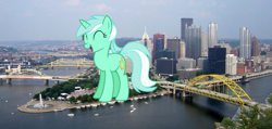 Size: 1024x489 | Tagged: safe, artist:edselrobin, artist:jerryakira79, character:lyra heartstrings, species:pony, species:unicorn, eyes closed, giant lyra heartstrings, giant pony, highrise ponies, irl, macro, mega lyra, photo, pittsburgh, ponies in real life, smiling, solo, united states