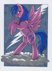 Size: 2162x2917 | Tagged: safe, artist:stormblaze-pegasus, character:firefly, g1, cloud, female, g1 to g4, generation leap, grin, lightning, rearing, smiling, solo, traditional art
