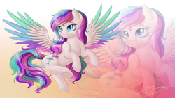 Size: 1024x576 | Tagged: safe, artist:novaintellus, oc, oc only, oc:starburst, species:pegasus, species:pony, colored wings, colored wingtips, female, flying, mare, multicolored wings, solo, underhoof, zoom layer